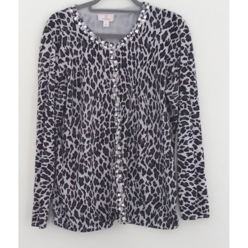 Quacker Factory Gray Cardigan Sweater Beaded Leopard Print Size L Pre-owned